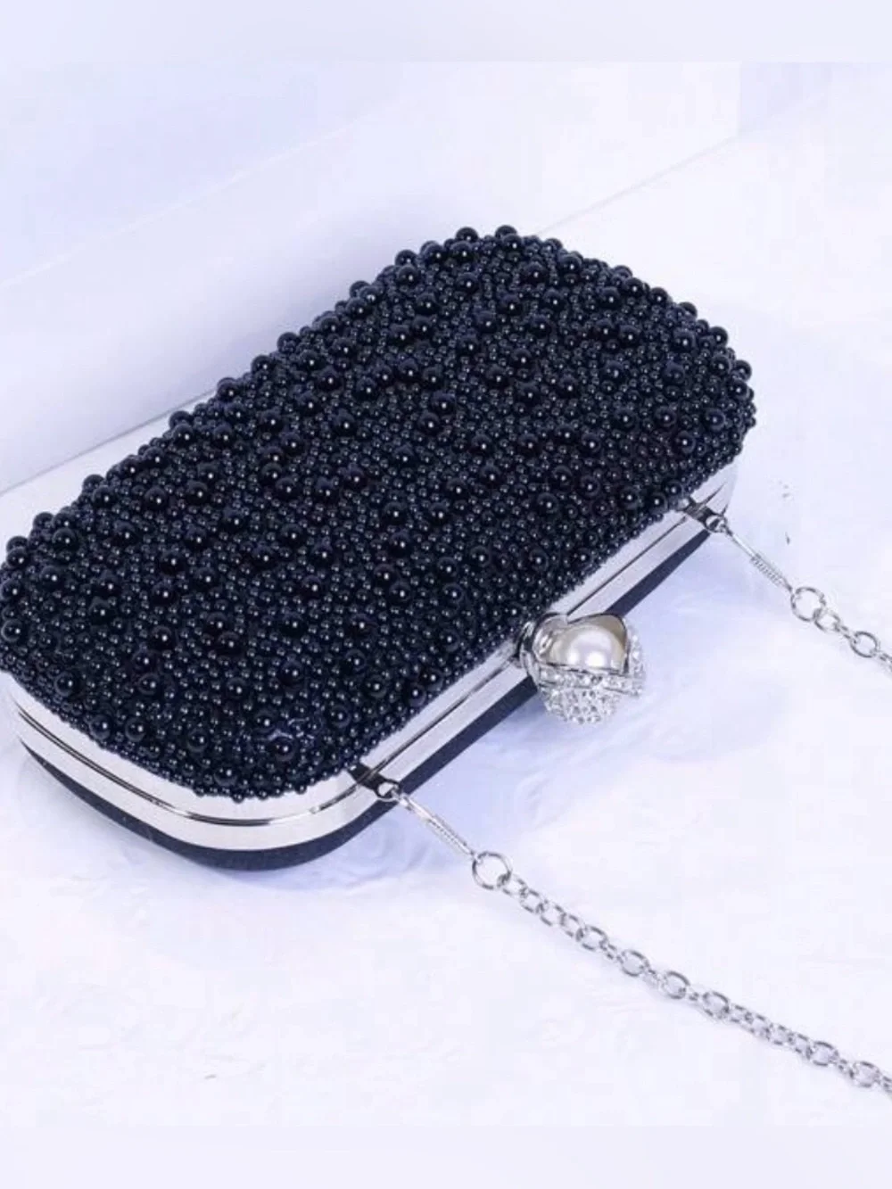 Pearl & Crystal Embellished Clutch - Black
